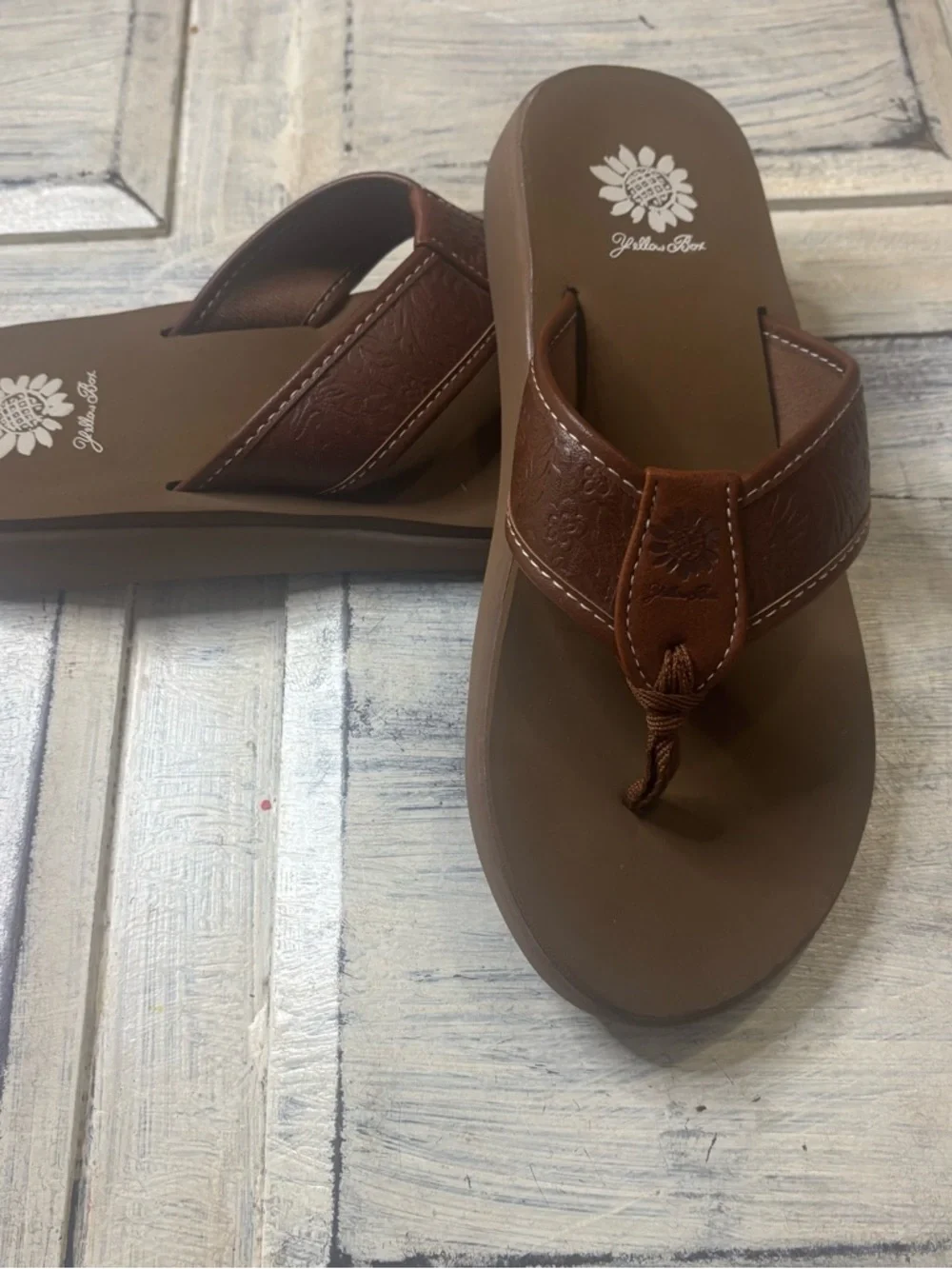 Yellow Box Brown Leather-Style Thong Sandals - Picture 2 of 3